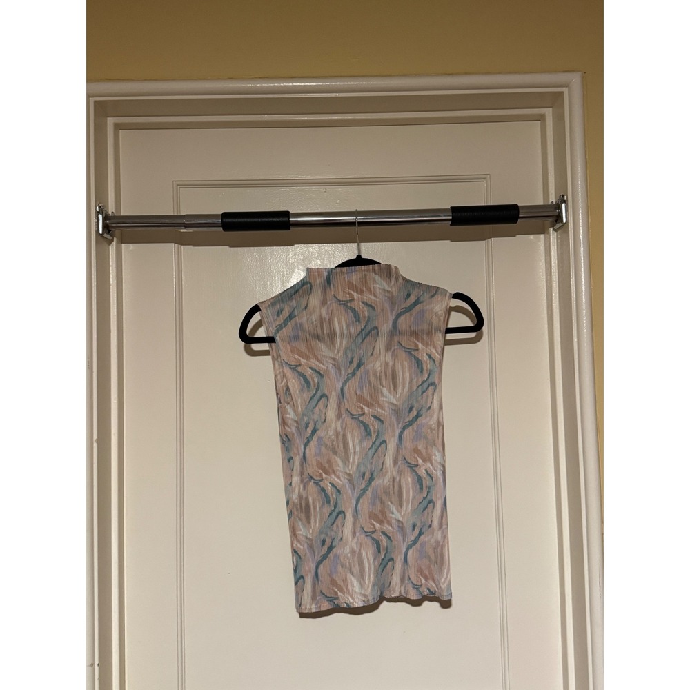 Sleeveless Mock Neck Top Abstract Print Pleated Elegant Party Blouse - Picture 2 of 3